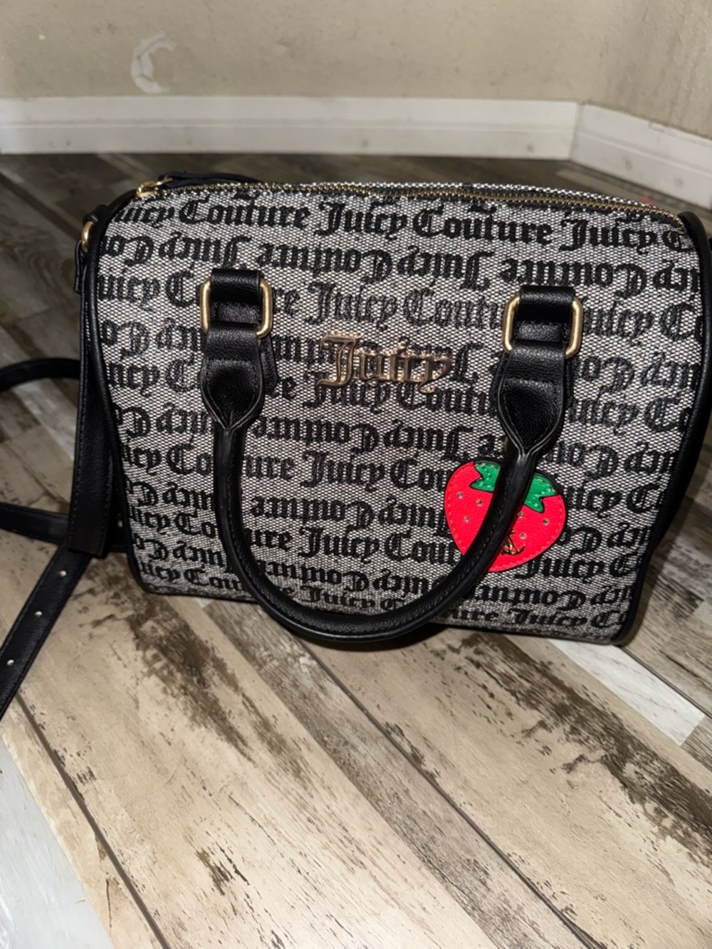 Juicy Couture Black Logo Satchel with Red Strawberry Patch